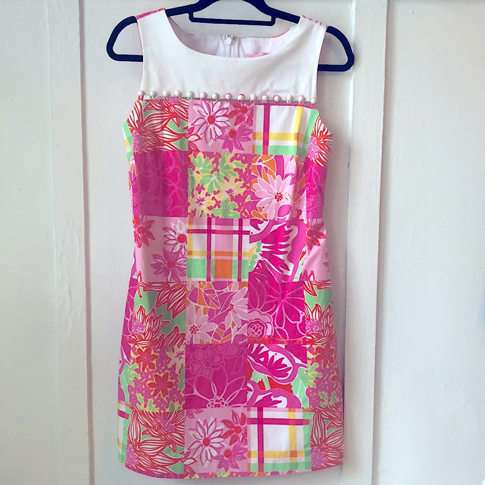 Lilly Pulitzer Pink Patchwork Sleeveless Shift Dress with White Button Accents 4